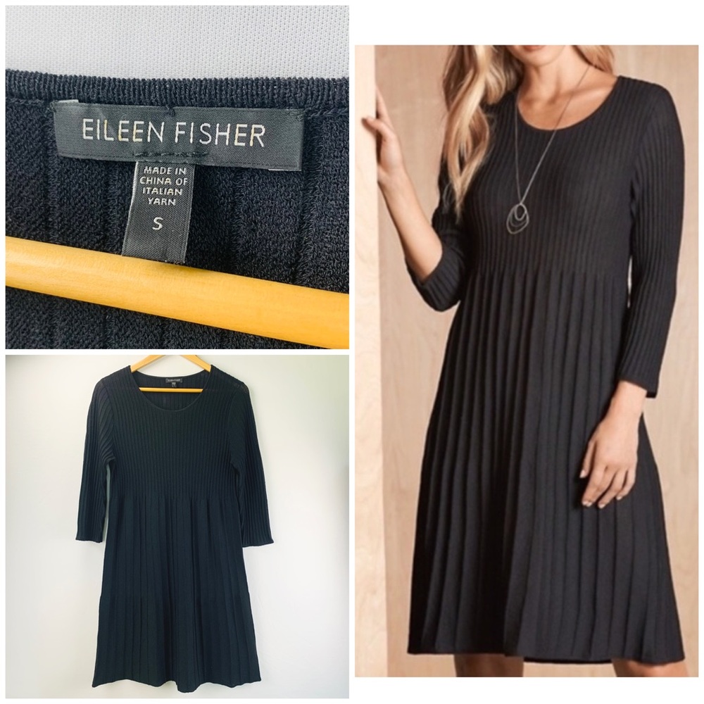 Eileen Fisher Wool Scoop Neck Pleated Ribbed Fit Flare 7/8 Sleeve Dress Black - Picture 1 of 11